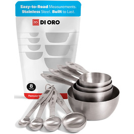 Набір мірних чашок і ложок з нержавіючої сталі з 8 предметів - Легко зчитуються вимірювання - Для сухих і рідких інгредієнтів - Найкраще кухонне приладдя - Можна мити в посудомийній машині