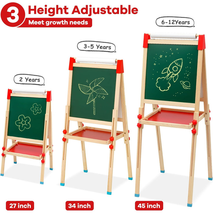 Дитяча мольберт Kinder Staffelei 3 в 1: дерев'яна дошка з рулоном паперу, двостороння, регульована висота 68-114 см. Комплектація: аксесуари для малювання. Підходить для дітей 3-12 років.