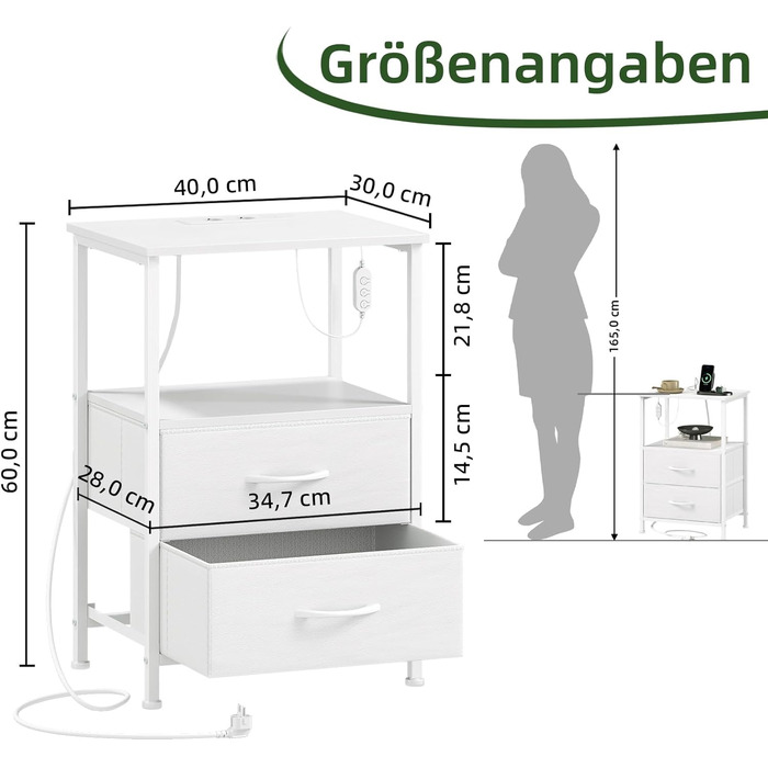 Нічний столик Somdot з LED, USB та Type-C, 2 висувні ящики, штучна шкіра, білий (30x40x60 см)