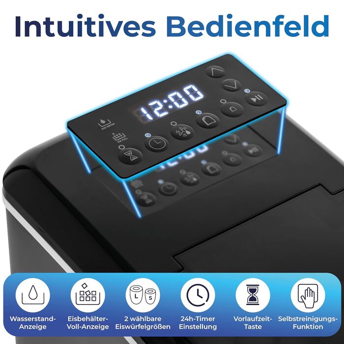 Льодогенератор KLAMER компактний з лопаткою, 2 розміри льоду, 10 кубиків за 7 хв, 15 кг/добу, тихий, з таймером, чорний 2.1л