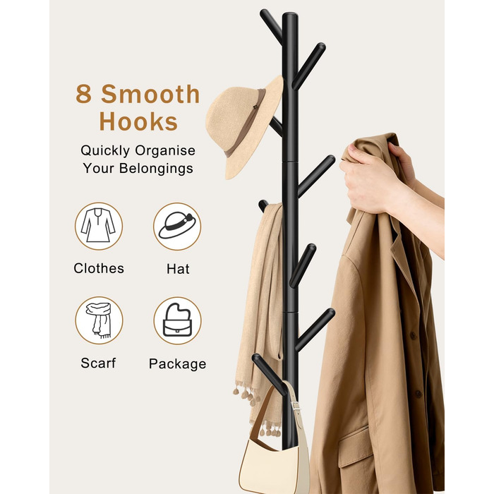 Дерев'яна вішалка для одягу Yawinhe, 180 см, 8 гачків, 3 рівня висоти, чорна