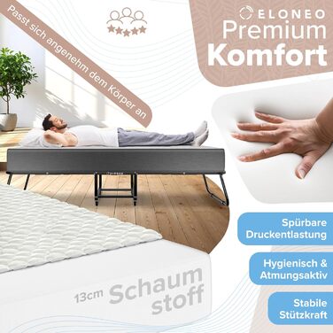 Розкладне ліжко ELONEO 80x200 см з преміум-матрацом, металевий каркас, витримує до 250 кг, гостьове ліжко на колесах з захисним чохлом