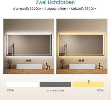 LED дзеркало для ванної кімнати EMKE 40x60 см з підсвічуванням, протитуманне, холодний/теплий білий світ, кнопка, алюмінієва рама, IP44, енергозберігаюче