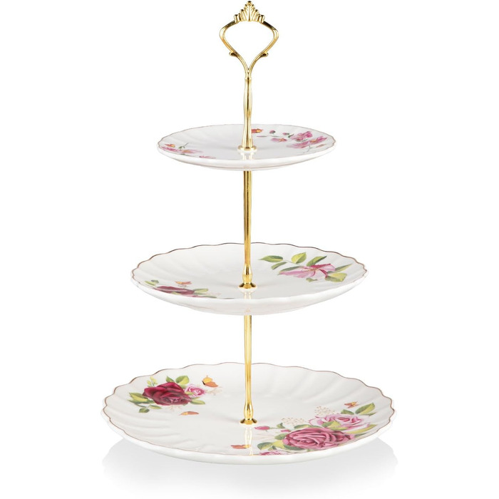 Стійка для тістечок Sweejar Home 3-ярусна керамічна, етажерка для тортів, десертів, капкейків, чаювання, сервірування їжі (свіжі квіти)