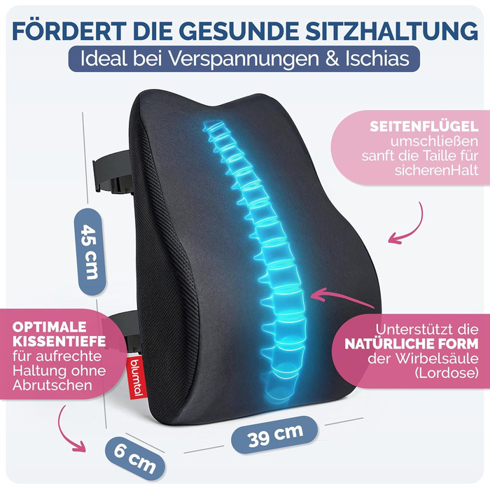 Ергономічна подушка під спину Blumtal з ефектом пам'яті (Memory Foam), підтримуюча подушка під поперек з чохлом OEKO-TEX