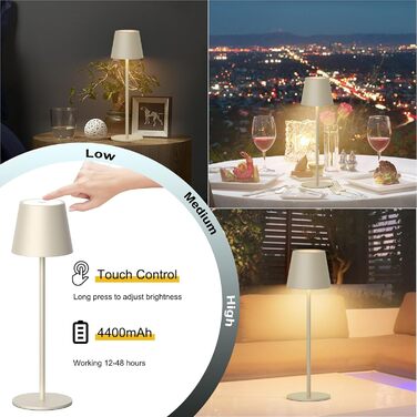 LED акумуляторна бездротова настільна лампа, 36 см, тепле біле світло 3000K, регульована яскравість, IP54, для внутрішнього та зовнішнього використання, алюміній, бежевий, спальня, бар