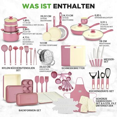 Набір кухонного посуду NutriChef 54 елементи – сковорідки, каструлі, кухонні аксесуари, ножі, форми для випічки, для індукції, газу та електроплити, здорове та дієтичне приготування (рожевий)
