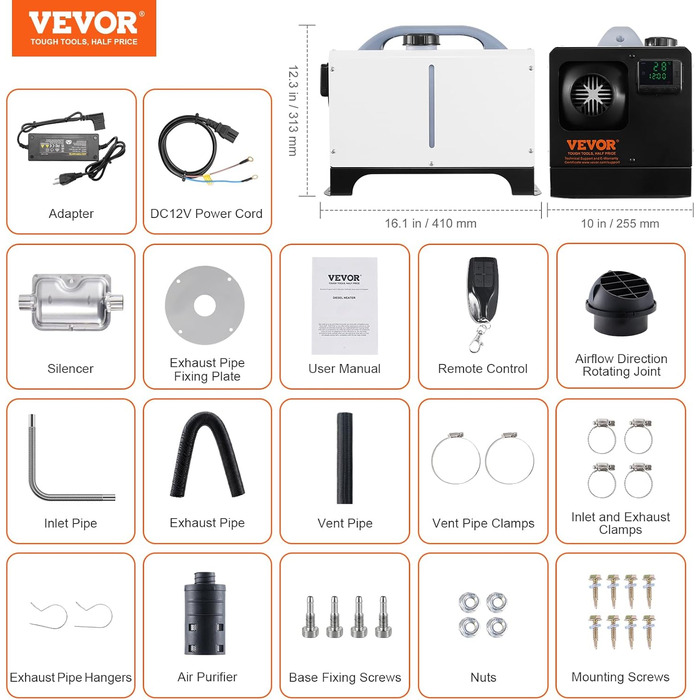 Електрична дизельна піч опалення VEVOR 12V 5-8kW з LCD-дисплеєм, пультом та Bluetooth. Горизонтальна модель.