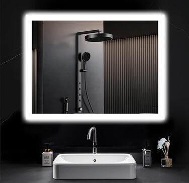 Дзеркало для ванної кімнати з підсвічуванням LED, антизапар, 2 кольори світла (3000K/6500K), нахильний вимикач, прямокутне, 45x60 см