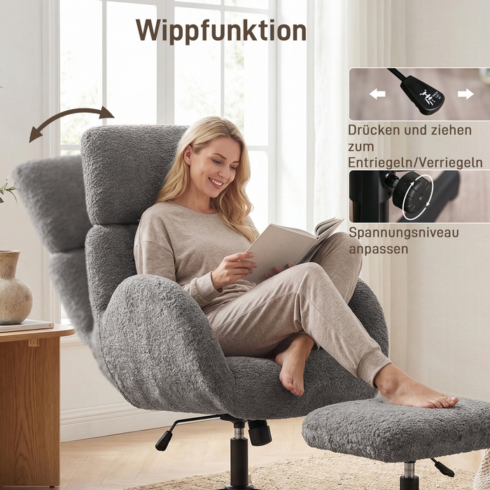 Обертовий крісло з пуфом, регульоване крісло-акцент з регульованою підголівкою, функція гойдання, сірий колір