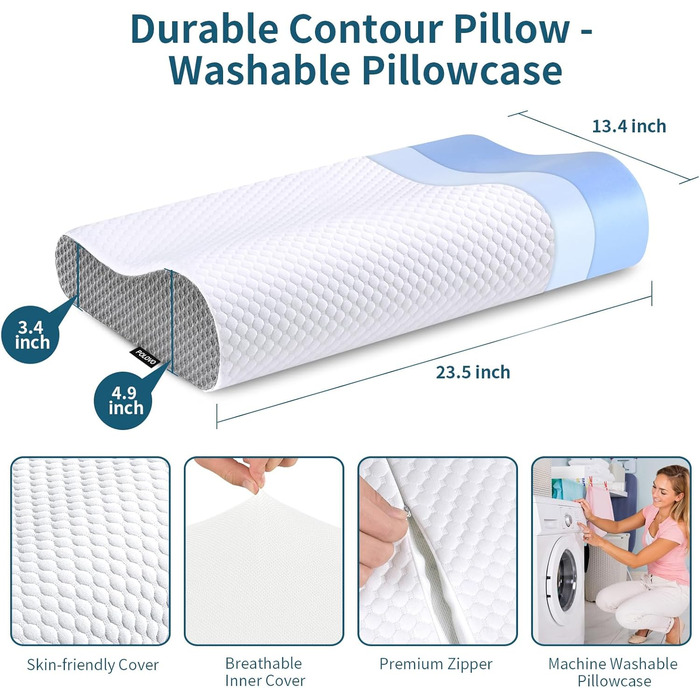 Подушка для шиї з Memory Foam для зняття болю, ортопедична подушка для сну, для сну на боці, спині, животі, біла & сіра