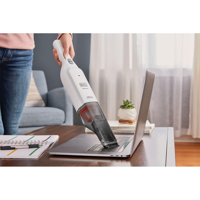 Акумуляторний ручний пилосос BlackDecker Dustbuster Slim HLVC315J11 (12 В, 1,5 Агод, без мішка та бездротовий, з вбудованою насадкою для всмоктування розміру XXL, включаючи зарядний кабель, щілинну насадку та щітку для м'яких меблів), білий