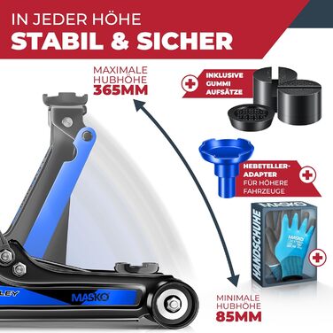 Гідравлічний домкрат MASKO 3T з низьким профілем (85-460 мм) для авто, SUV. З гумовими накладками, роликами 360°, рукавичками. Підставка для ремонту, синій.
