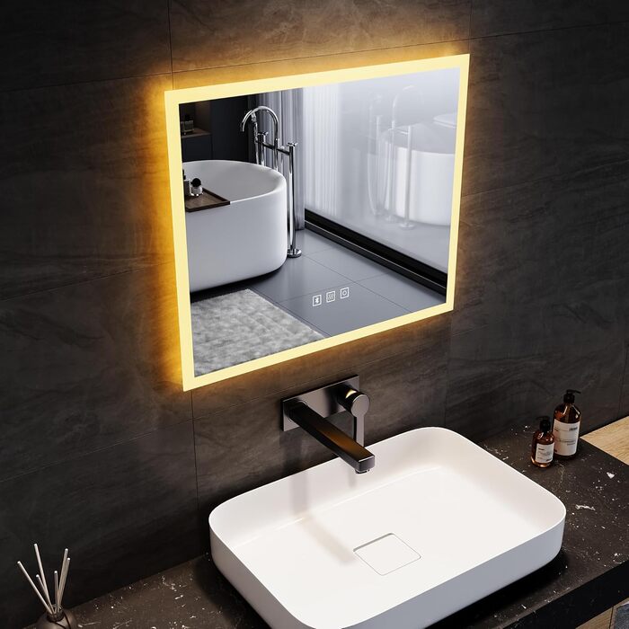 Дзеркало для ванної кімнати SONNI LED 50x70 см з LED-підсвічуванням, сенсорним керуванням, 3 кольори світла, проти запотівання та функцією пам'яті. Білий колір.