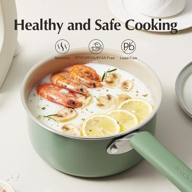 Керамічний сотейник Redchef з кришкою, 16 см, антипригарний, нетоксичний, PFAS-free, для всіх типів плит, зелений, 3 л, маленький кухонний соусник з холодною ручкою