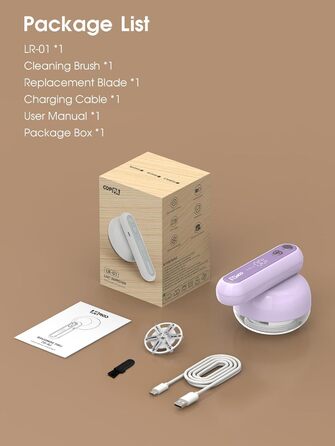 Електричний видальник ворсу COPPA з 6 лезами, 3 швидкості, перезаряджається, портативний, з індикатором заряду, для одягу (білий/фіолетовий)