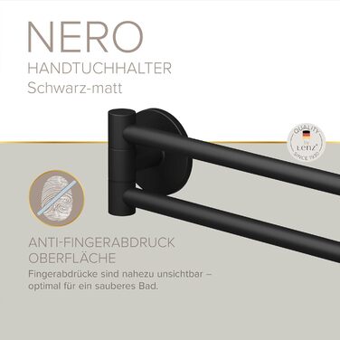 Тримач рушників Lenz Juna in – 2 поворотні руки, 40 см, антифлерове покриття, настінний монтаж (клейкий/з свердлінням), чорний