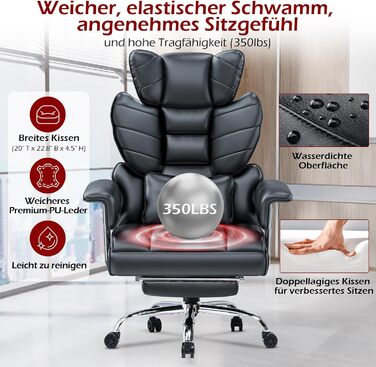 Офісний крісло Naspaluro з підніжкою, ергономічне, для дому та офісу, з підтримкою попереку, PU-шкіра, сірий (чорний 2), 77x66x134 см