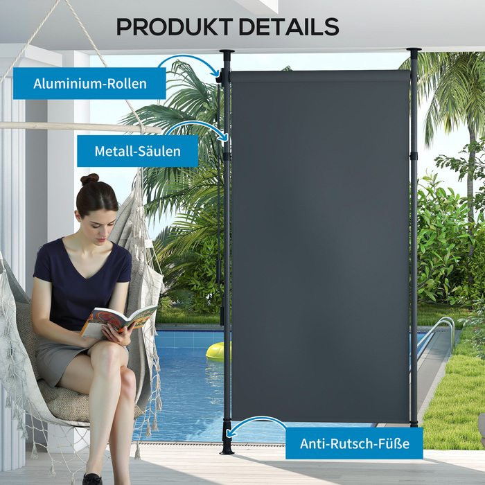 Автономна маркіза, регульована довжина, монтаж без свердління, алюмінієвий каркас, 1,5 x 2,2-3,1 м, темно-сірий