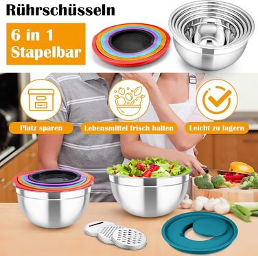 Набір салатниць TEAMFAR 6 шт. з нержавіючої сталі з кришками та силіконовим дном, багатофункціональний, для миття в посудомийній машині, 0,7Л / 1,5Л / 1,6Л / 2,5Л / 2,8Л / 4,6Л (Кольоровий, з 3 тертками)