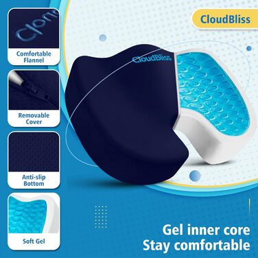 Подушка для офісного крісла CloudBliss з гелевим наповнювачем та піною з пам'яті, з велюровим чохлом. Зменшує біль у сідниці, ішіасі та спині. Підходить для офісних крісел, автокрісел та інвалідних візків. Розмір: великий, колір: блакитний