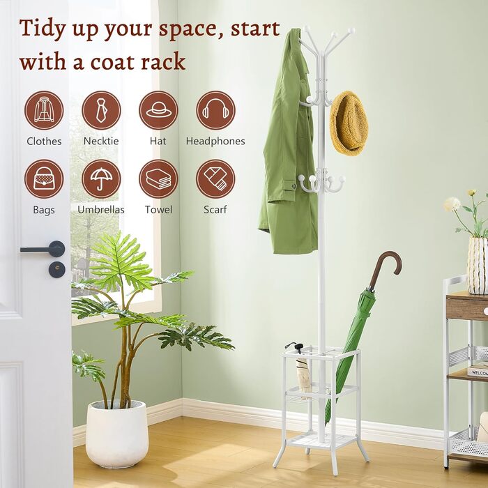 Настінна вішалка для одягу FAVOOSTY з підставкою для парасольки, 12 гачків, стійка для пальто, вішалка для одягу в вітальню, спальню, срібна (білий)