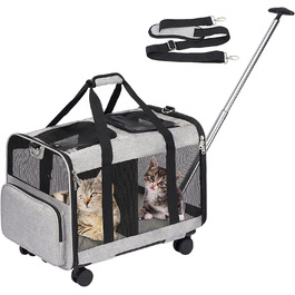 Сумка для перенесення FASNATI з двома відділеннями і знімною візком для кішок / собак, сумка для перенесення з коліщатками для 2 кішок / собак, супер вентильований дизайн, Ідеально підходить для подорожей / прогулянок / кемпінгу, сірий