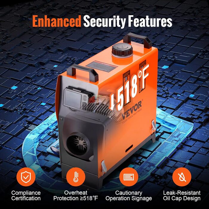 Дизельний опалювач VEVOR 12V для авто, RV, човнів, LKW, автобусів (8KW, Bluetooth, оранжевий)