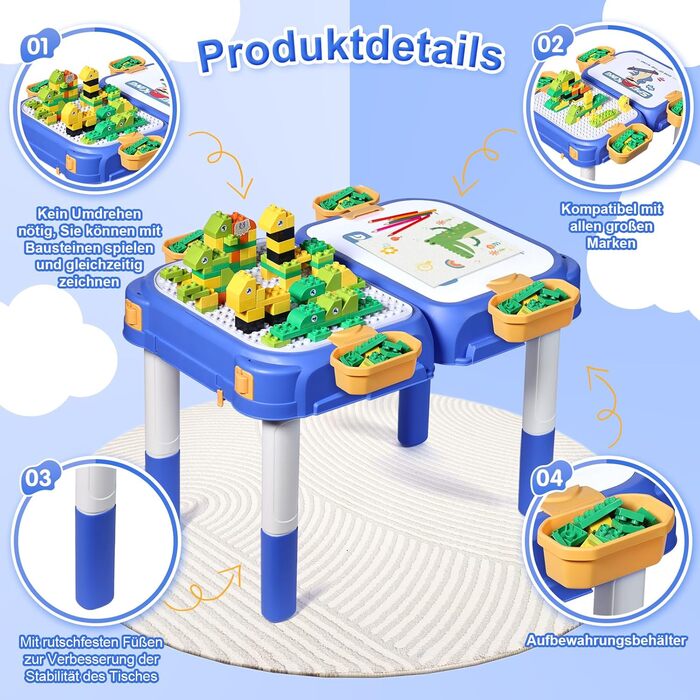 Дитячий стіл Fygurso з кріслом та 90 великих кубиків для конструювання. Трансформується в коробку на колесах. Для дітей від 3 років.