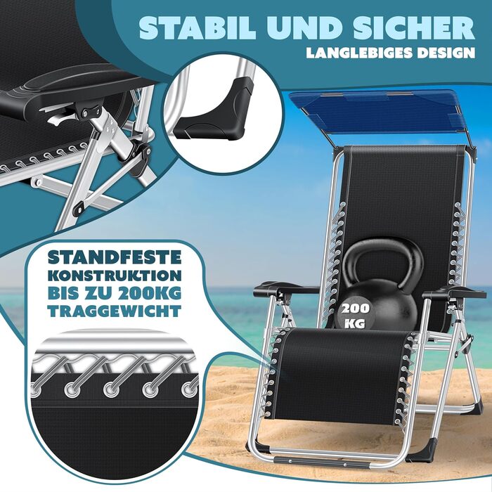 Шезлонг KESSER® для саду, широка та стійка до погодних умов, витримує до 200 кг, ергономічна спинка, регульована, з подушкою, підголівником, тримачем для напоїв, підлокітниками та бічною кишенею, блакитний