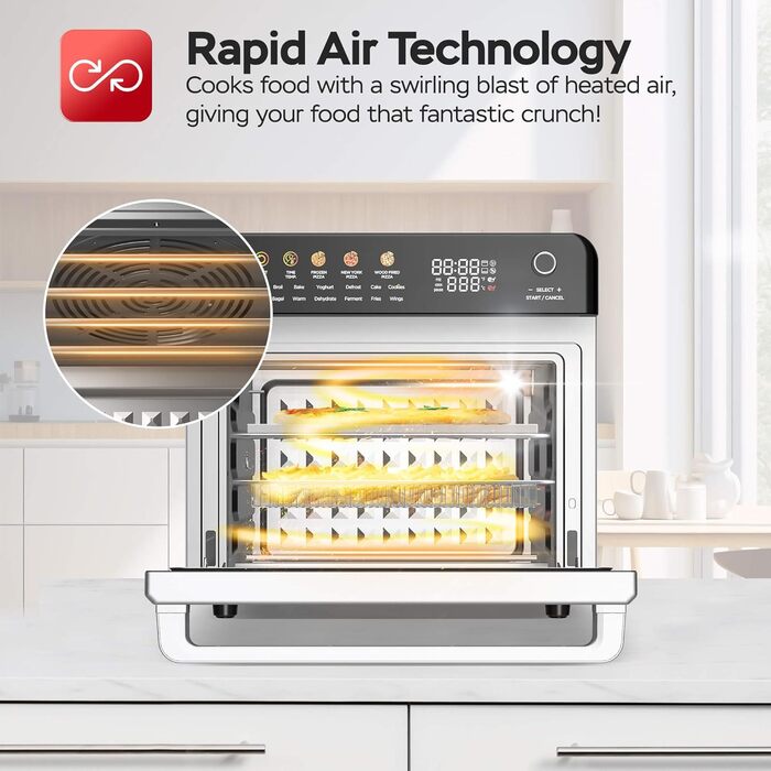 Багатофункціональна піч TurboTronic Multi Smart Oven 16-в-1: піч, фритюрниця, дегідратор, гриль, піч для піци. Об'єм 34 л, 2200 Вт, до 1 кг картоплі фрі, 40-350°C.