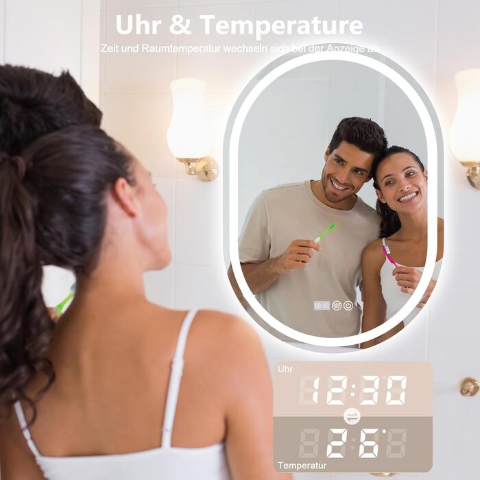 Дзеркало для ванної кімнати Trintion з підсвічуванням, 50x70 см, овальне, з годинником та сенсорним вимикачем, антизапотівальне, диммер, 3 кольори світла (3500K-6500K)