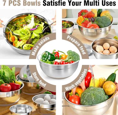 Набір місок для перемішування BEWOS 7 шт. з кришкою, нержавіюча сталь, з терткою, вкладна конструкція, розміри 0.5, 1, 1.4, 1.85, 2.35, 3.2, 4 л для змішування та подачі