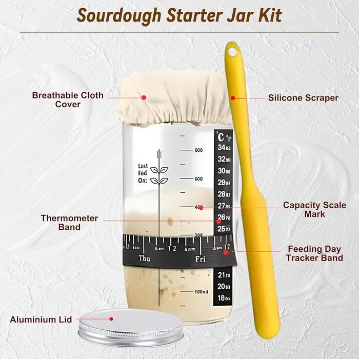 Набір для закваски: повний комплект з банкою, формами для перевірки закваски (9 дюймів кругла, 10 дюймів овальна), 18 аксесуарів для випічки, подарунок для професіоналів та домашніх пекарів