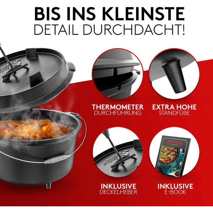 Набір чавунного казана BBQ Dutch Oven [Das Original] на 10,8 л з підставкою та кришкою-гриль на 2,2 л, підйомником та e-book