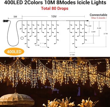 Світлодіодні крижані дощові ліхтарі, розширювані, таймер, 4 кольори, 10 м для Різдва на відкритому повітрі, 800