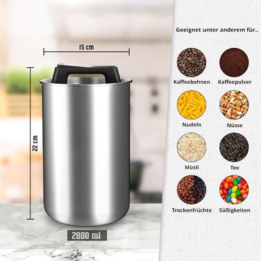 Контейнер для кави KC Kitchen & Co. на 1 кг з нержавіючої сталі, герметичний, з вакуумним клапаном, для кави, чаю, цукру, мюслі, білий матовий (2800 мл)