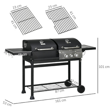 Outsunny Grillwagen Gasgrill з 2+1 пальником, термометром, 3 кВт вугільним грилем з полицею, бічною підставкою, гачками, гриль для кемпінгу зі шлангом для саду, балкону, чорний | Aosom