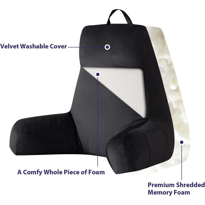 Крісло-мішок з підлокітниками для дорослих, подушка для спини для відпочинку в ліжку, з піною з пам'яті та кишенями, знімний, пральний чохол, для релаксації, перегляду телевізора, чорний, X-Large (24 дюйми)