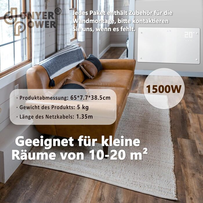 Конвектор DONYER POWER 2500W з Wi-Fi, 24H таймер, дистанційне керування, скло (1.5kW, білий)