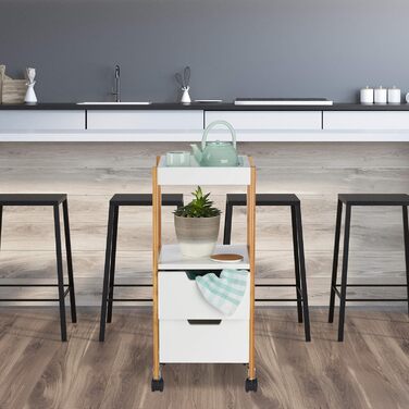 Столик-візок Relaxdays на колесах з шухлядами, білий (MDF, бамбук, 69x30x30 см)