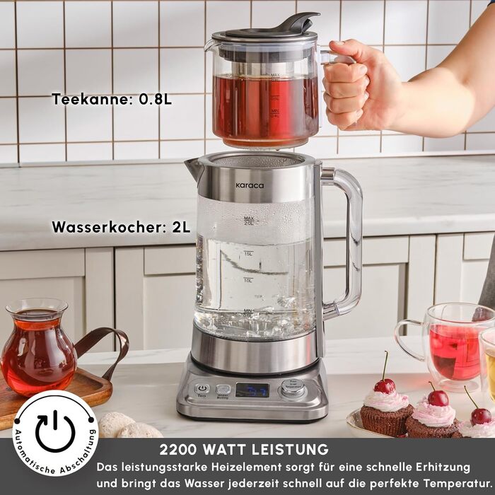 Електричний чайник та заварник Karaca X Refika XL з автоматичним регулюванням температури, 2л, 0.8л, 2200W, хром