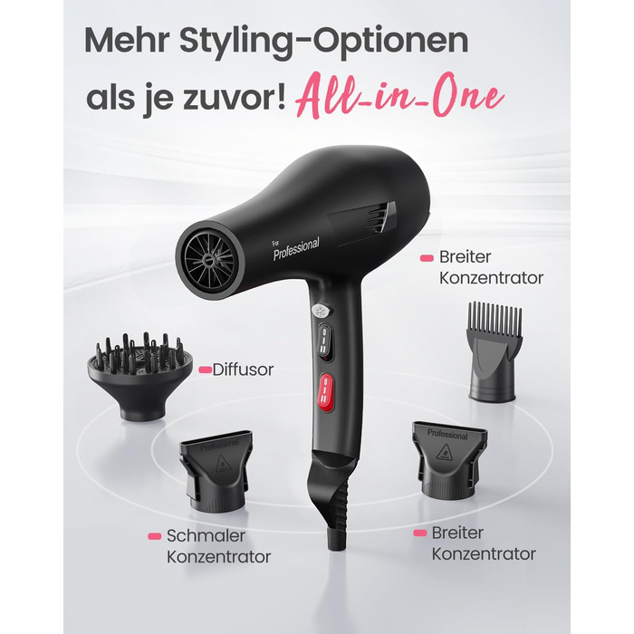 Професійний іонний фен для волосся Dekuri з диффузором та 2 насадками-концентраторами, 3 температурні та 2 швидкісні режими, чорний