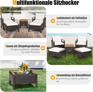 Набір садових меблів GIANTEX 5 предметів: 2 крісла, 2 пуфи та столик - ротанг, кремово-білий колір, для саду та балкону