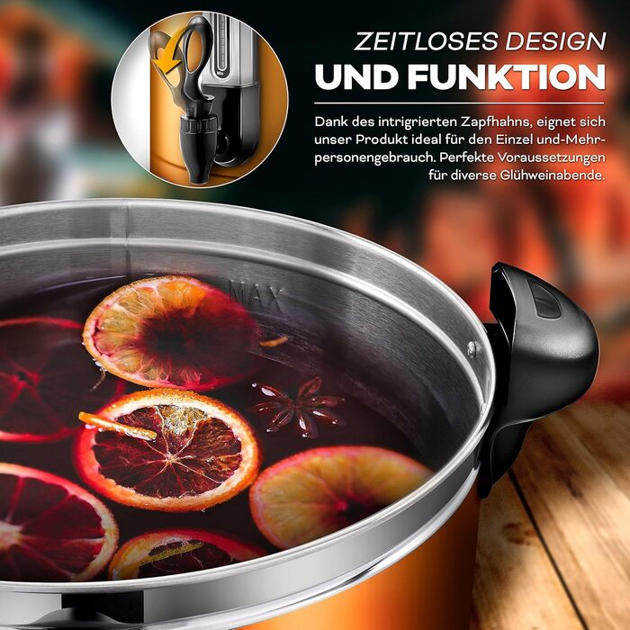 ТресКо® Електричний казанок для глінтвейну 6,8 л з нержавіючої сталі, 1500 Вт, автоматичний, для гарячих напоїв, з мідною вставкою