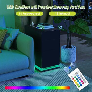 Вузька чорна тумба приліжкова з розеткою, USB, LED-підсвіткою 16 кольорів, 3 шухлядами, 50x30x63 см для спальні, сучасна