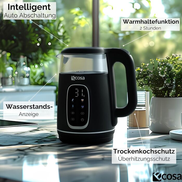 Електричний чайник Ecosa® зі скляною колбою та нержавіючою сталлю, 1,7 л, 2200 Вт, регулювання температури 40°C-100°C, підігрів, LED-підсвічування (Black Pearl)