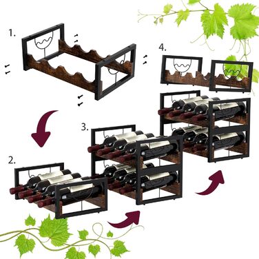 Стелаж для вина на 12 пляшок, 3 яруси, підставка для вина, органайзер для пляшок, античний коричневий