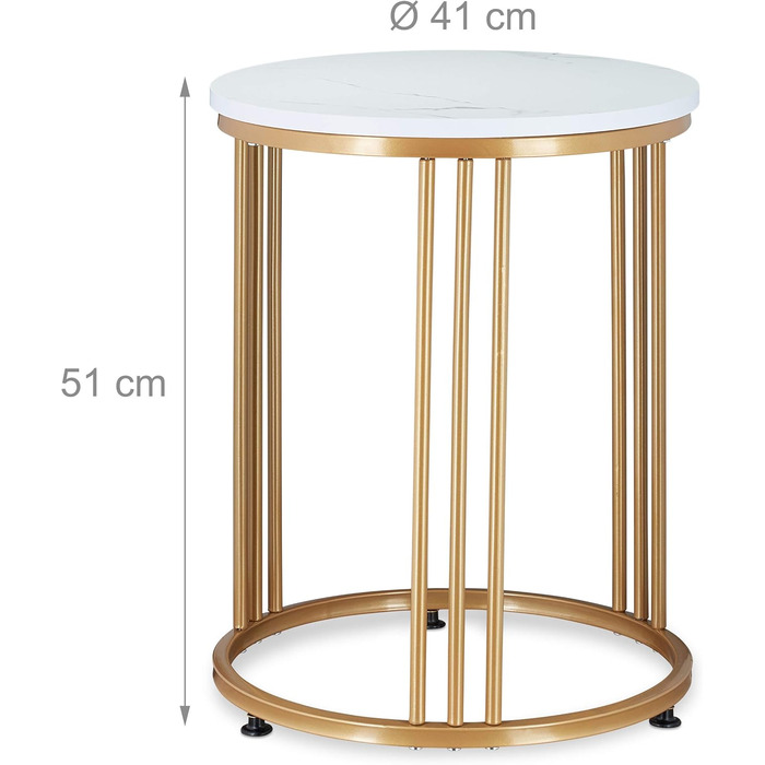 Журнальний столик MARMO, круглий, метал і МДФ, мармуровий вигляд, HxD 51 x 41 см, білий/золотий