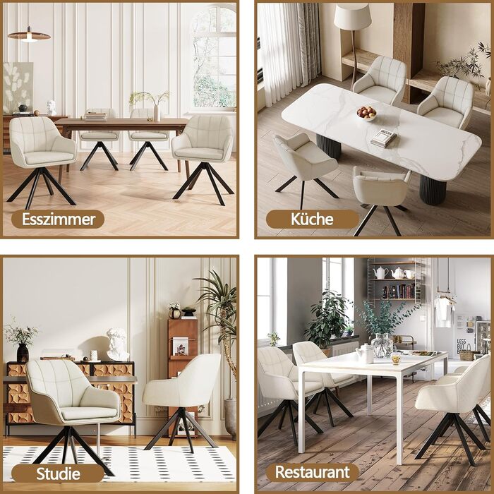 Набір з 2 обертових стільців для їдальні/кухні, бежевий, з підлокітниками, поліестер, металеві ніжки